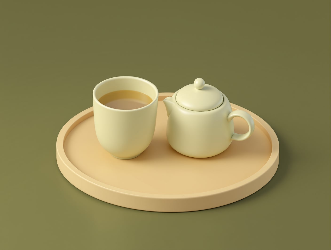 Clean isometric 3D illustration of two plain ceramic teacups and a small round teapot on a low wooden tray, soft evening