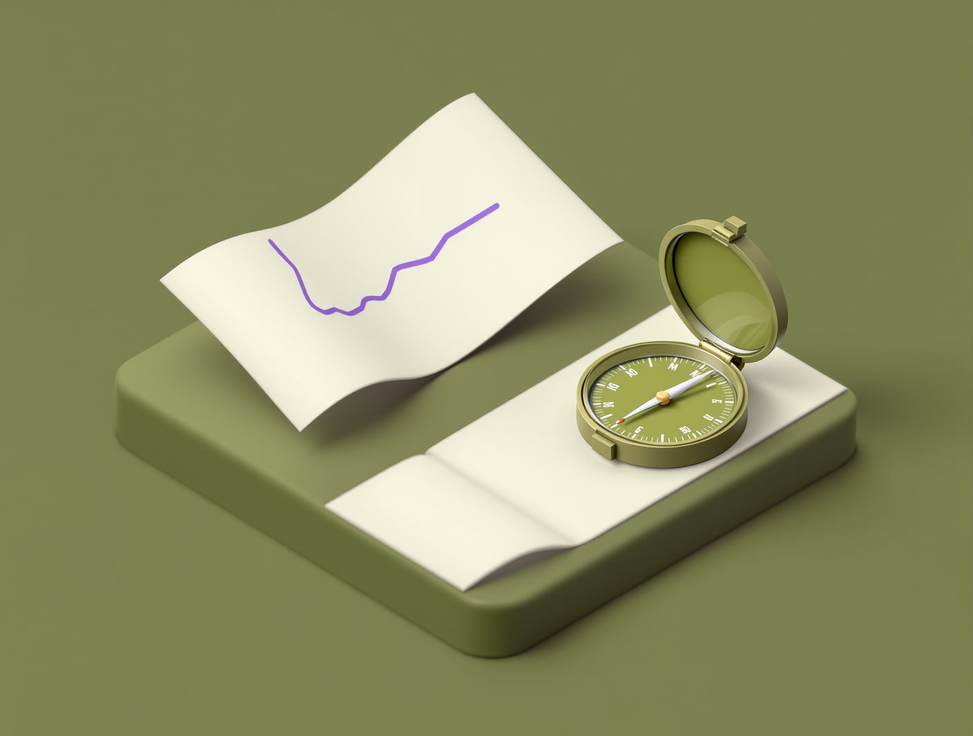 Clean isometric 3D illustration of an open pocket compass with an olive green dial lying beside a small folded paper map