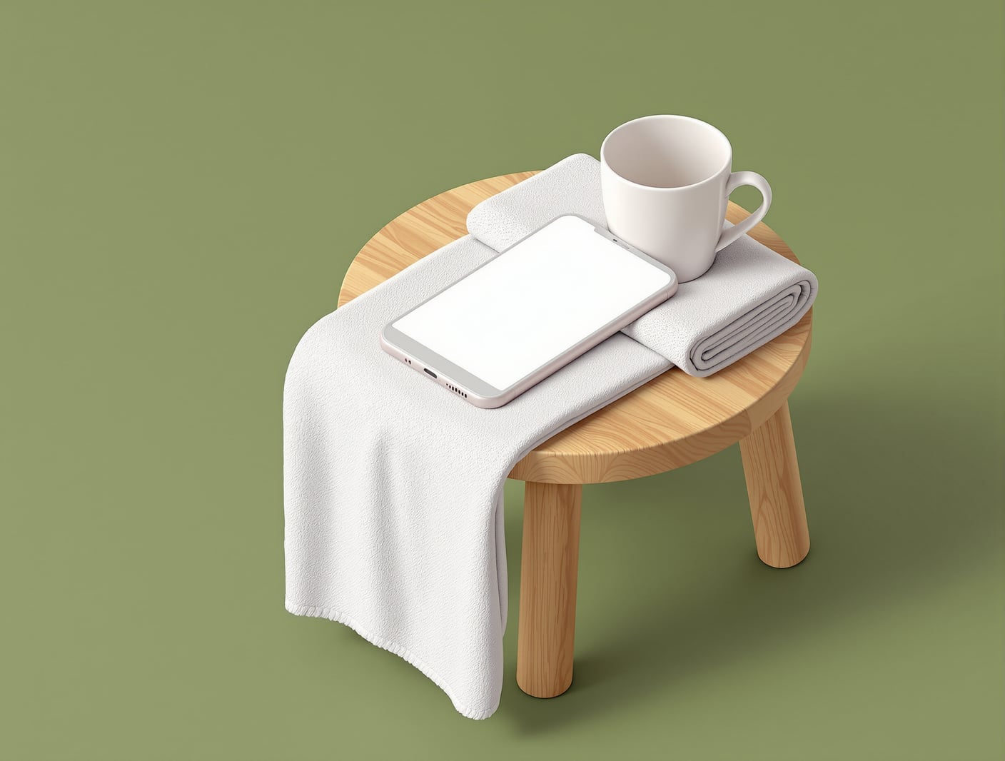 Clean isometric 3D illustration seen from the side of a low wooden stool holding a smartphone with a blank screen, a pla